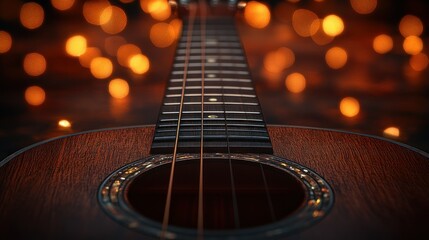 Obraz premium Close-up of ukulele fretboard, warm lighting