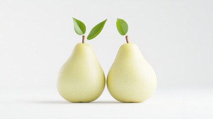 Two Pears with Leaves Minimalist Style High-Resolution Lighting Center View Smooth Texture Freshness Concept White Background Pale Green Hue Health Food Branding