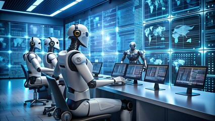 Business Robot work with technology in the airport and office interior