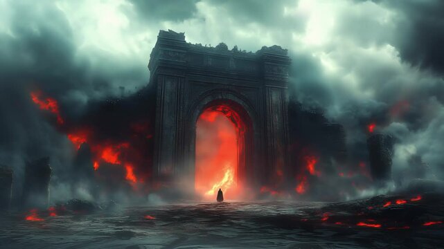 Dramatic landscape with fiery archway and stormy skies reveals a mysterious figure amidst chaos