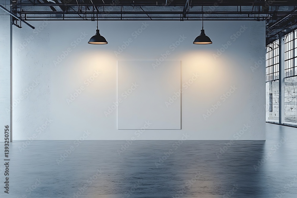 Poster industrial loft interior with empty white canvas perfect for art gallery mockups and creative studio