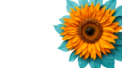 Golden sunflower with blue petals, contrast background, cut out transparent