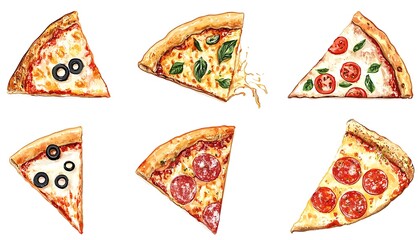 Watercolor illustrations showcasing different slices of delicious pizza on a white background