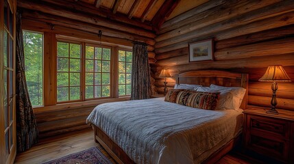 A cozy wooden bedroom with large windows and comfortable furnishings