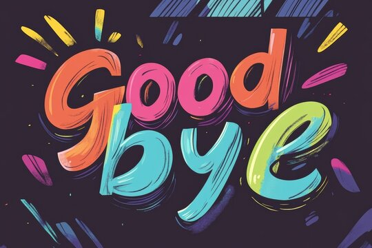 Colorful handwritten goodbye text with playful design on dark background