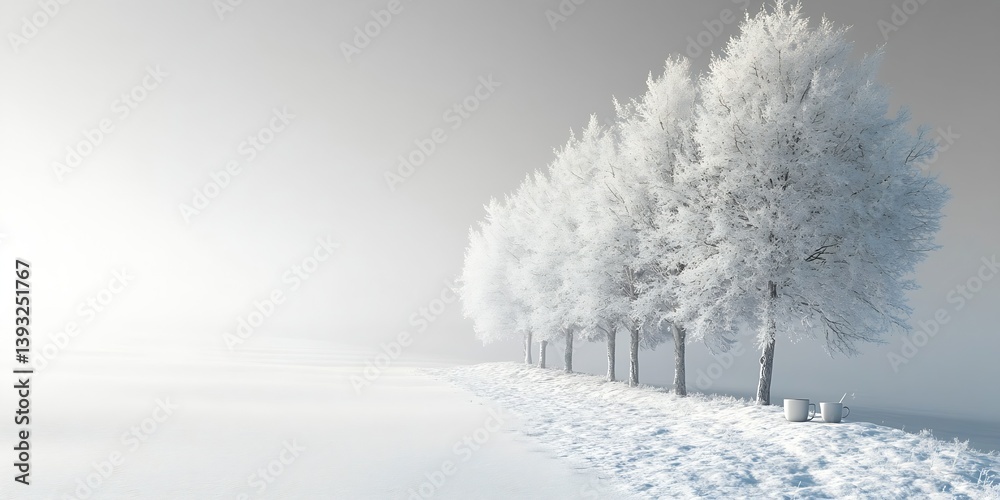 Poster winter wonderland with snowy trees and fog serene landscape of frozen nature in monochrome palette a
