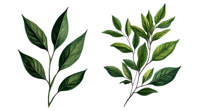 Two leafy botanical stems, vibrant green leaves, isolated, cut out transparent