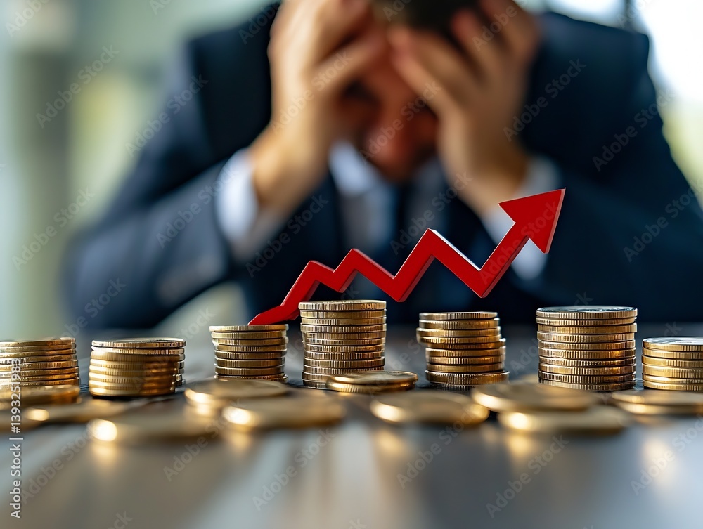 Poster close view of distressed businessman with coins and rising arrow graph symbolizing economic pressure