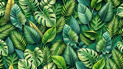 Close-up of vibrant green leaves in a tropical forest with a natural, fresh texture showcasing the beauty of foliage and plant growth