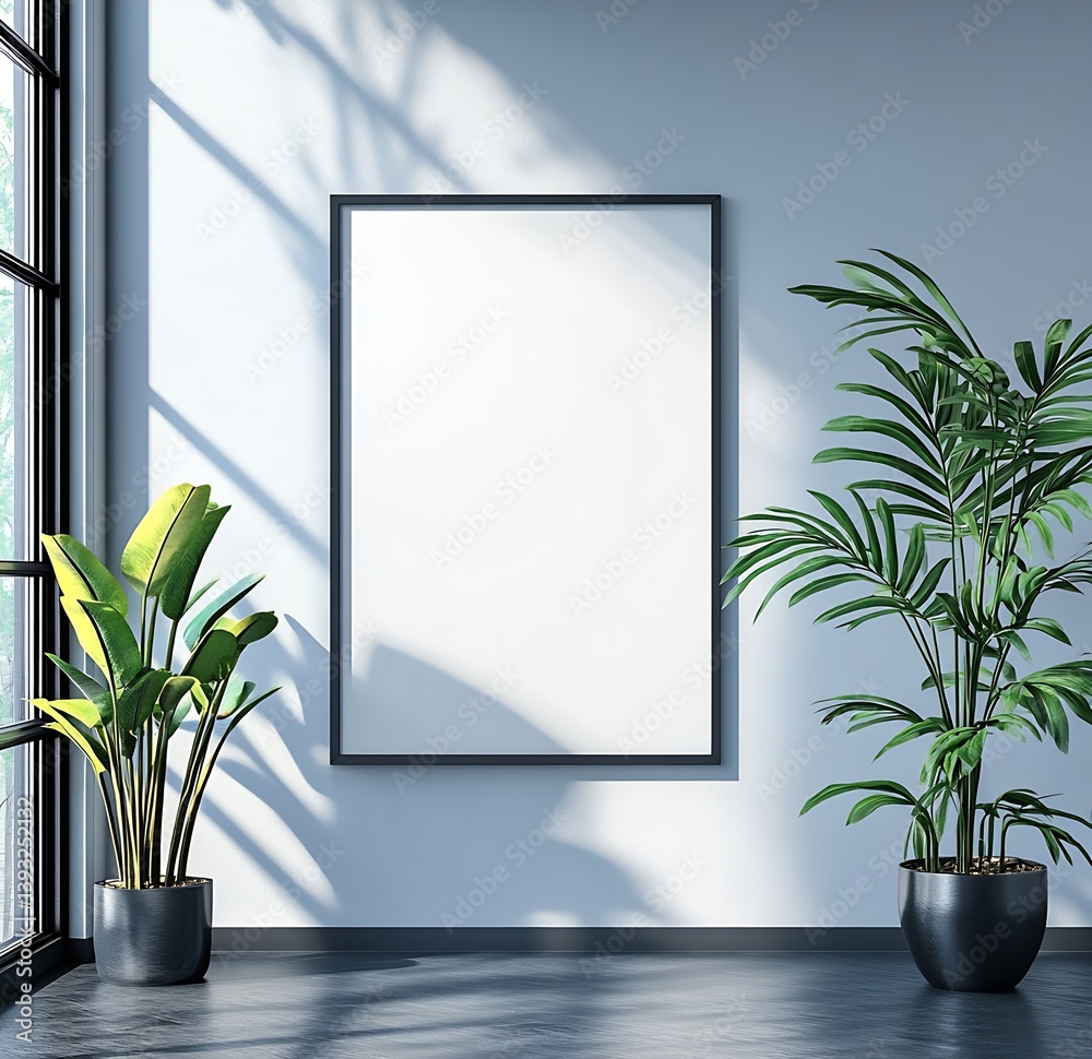 Poster minimalist frame mockup modern interior with plants sunlight casting on wall blank canvas for art pr