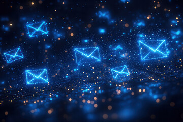 SMS, letter, virtual letter, email. Glowing blue envelopes symbolize modern email marketing on a vibrant yellow background for dynamic newsletter campaigns