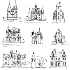 Collection of Chateaus line vector designs, Chateaus vector graphics