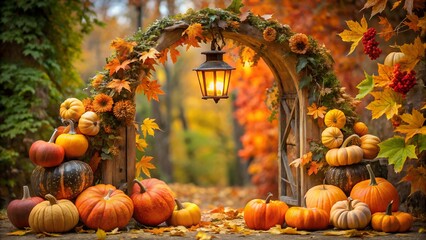 Autumn still life with pumpkins, flowers, and seasonal harvest decorations