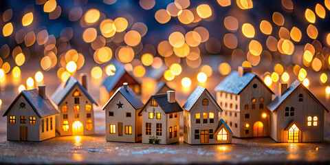 A collection of small, decorative houses glows warmly against a backdrop of twinkling lights. The cozy atmosphere suggests a festive winter gathering and holiday spirit