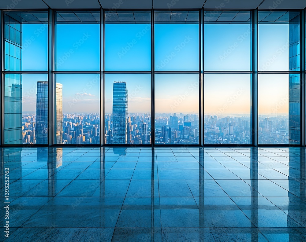 Aufkleber Empty Modern Office with City Skyline View Through Large Windows and Reflective Tile Flooring Bright Interior : Generative AI
