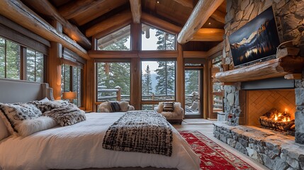Cozy bedroom inside a log cabin with a fireplace and windows