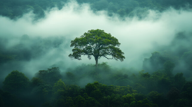 Photorealistic view of a single tall tree emerging from a dense tropical rainforest, surrounded by soft morning mist. A serene and evocative scene ideal for environmental, natural,
