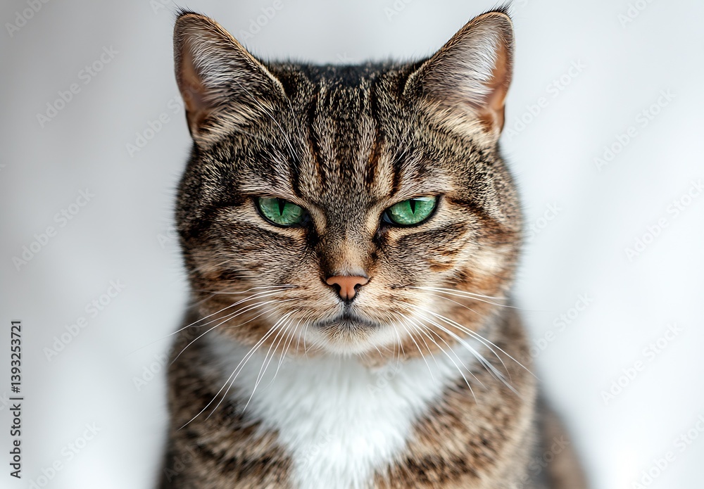 Poster Charming close up image of a tabby cat highlighting expressive green eyes with a captivating and serious demeanor : Generative AI