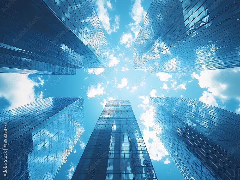 Aufkleber skyscrapers reaching towards blue sky with clouds modern architecture and urban landscape business d