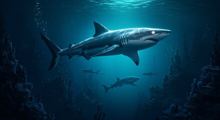 Fototapeta premium Majestic Shark in Deep Ocean - A large shark swims majestically through a dark, deep ocean, surrounded by coral reefs and smaller sharks