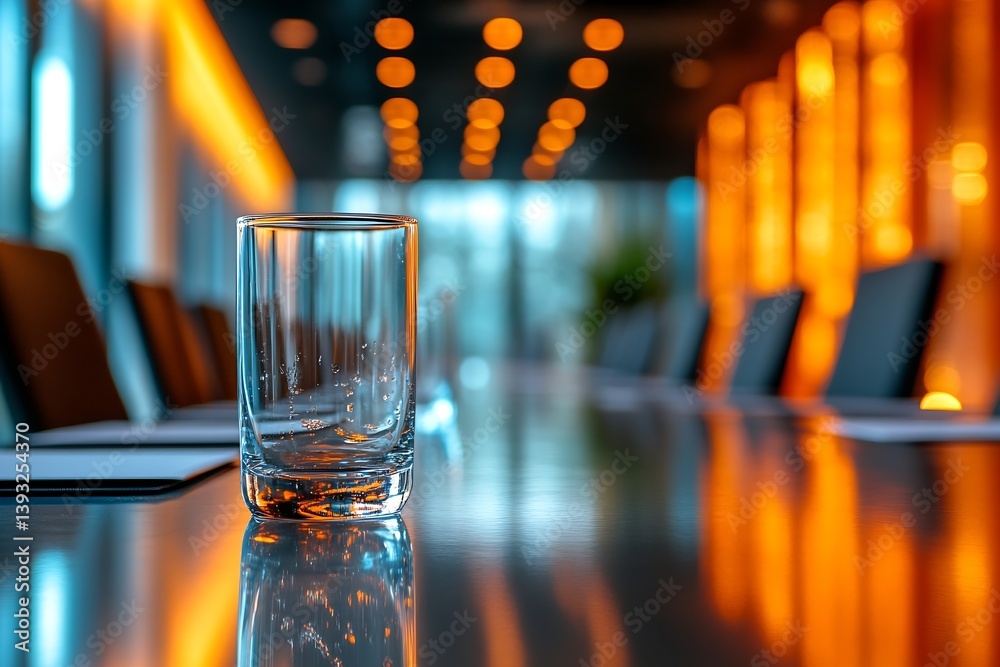 Poster elegant empty glass on conference table with warm lighting awaiting a business meeting : generative 