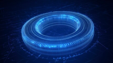 Futuristic glowing tire concept on blueprint background.