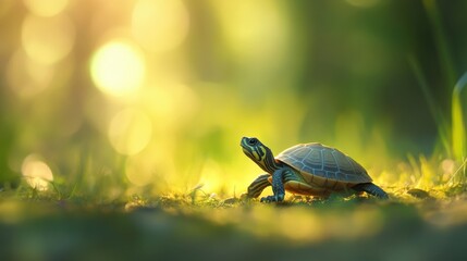 Obraz premium A turtle crawling uphill on grass, its shell reflecting subtle highlights from the sun