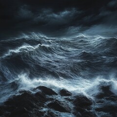image of a stormy ocean with dark churning waves crashing against rocky shores isolated on a plain background tumultuous sea with frothy violent waves and rugged coastal rocks 