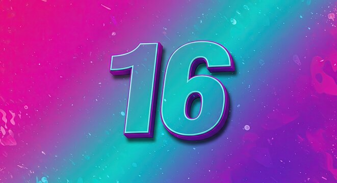 Colorful and vibrant Abstract 3d render of the number sixteen done for a celebration or event or desktop wallpaper background