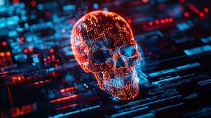 Futuristic cybersecurity concept with neon digital skull for technology design themes