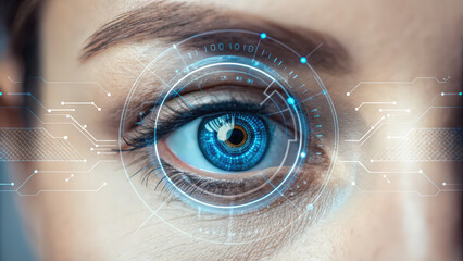 A close-up of a human eye enhanced with digital technology, featuring blue hues and futuristic graphics, symbolizing advanced vision and innovation.