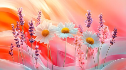 Obraz premium Vibrant summer bouquet of white daisies and purple lavender on glowing pink and orange abstract background in dreamy floral design