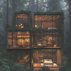 A modern dwelling immersed within a lush and verdant forest setting