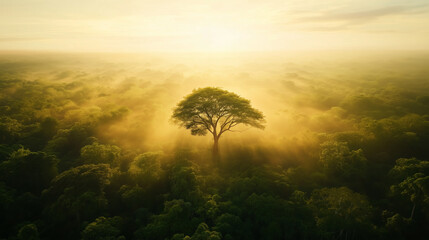 Photorealistic sunrise view of a lone emergent tree above a golden tropical rainforest. Ideal for nature, growth, and inspirational visuals.