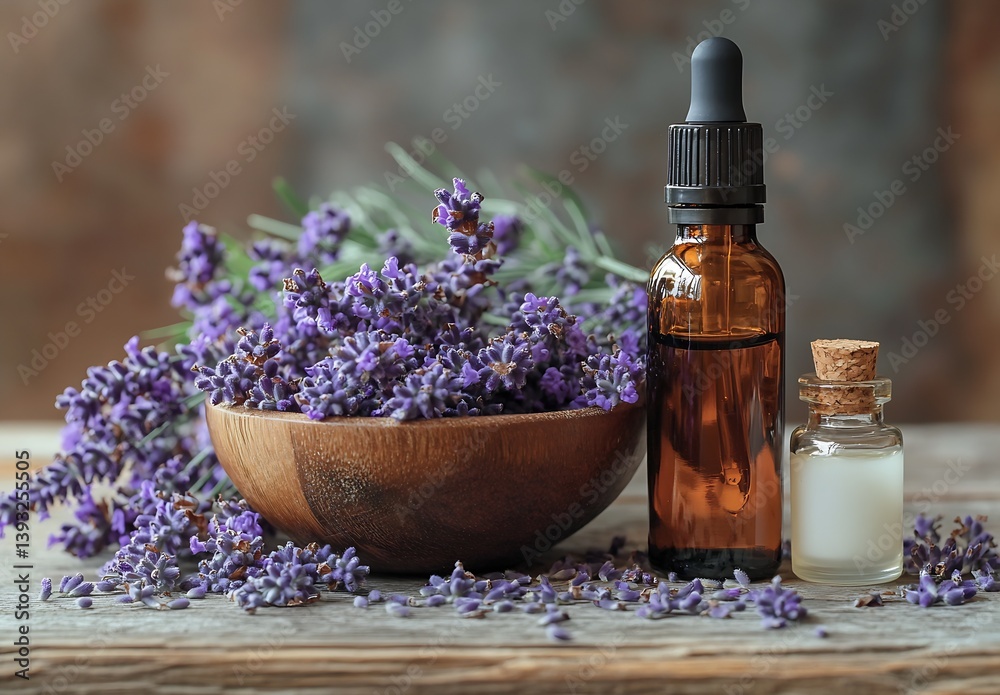 Aufkleber lavender essential oils and dried flowers arranged in decorative bowl for a tranquil setting : gener