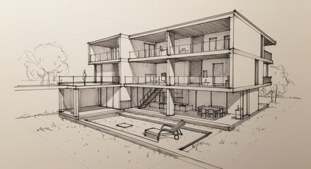 Modern House Architectural Sketch Design - Contemporary home design, open spaces, modern aesthetics, structural details, comprehensive view. Symbolizing: Luxury, Modernity, Space, Relaxation