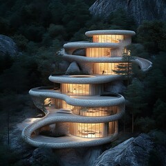 Futuristic modern home perched on a cliffside amidst the forest