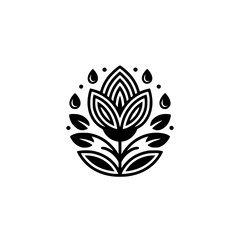Floral Icon: Modern Black & White Design with Droplets