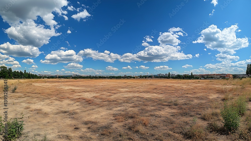 Poster Expansive dry field under a bright blue sky filled with scattered clouds creating a dramatic view : Generative AI
