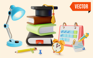 3d Future Student Webinar Concept Background Cartoon Design Style Graduation Cap on Top of Pile of Books,Alarm Clock and Personal Plan. Vector illustration