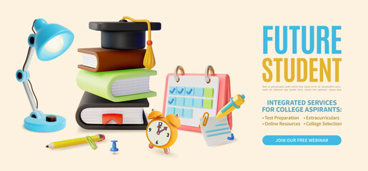3d Future Student Webinar Concept Ads Banner Poster Card Graduation Cap on Top of Pile of Books . Vector illustration