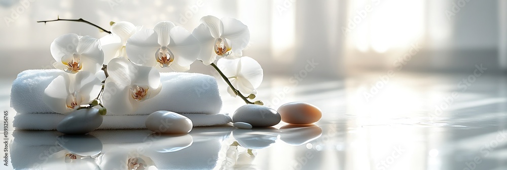 Poster tranquil spa arrangement white orchids on soft towels with smooth stones reflective surface peaceful