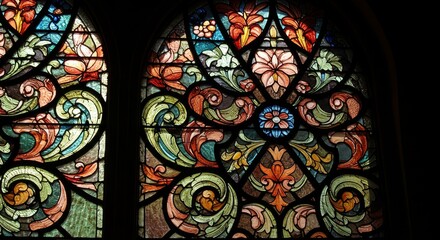 Fototapeta premium Ornate Stained Glass Window Detail - Close-up view of a vibrant, intricately designed stained glass window, showcasing swirling patterns and floral motifs