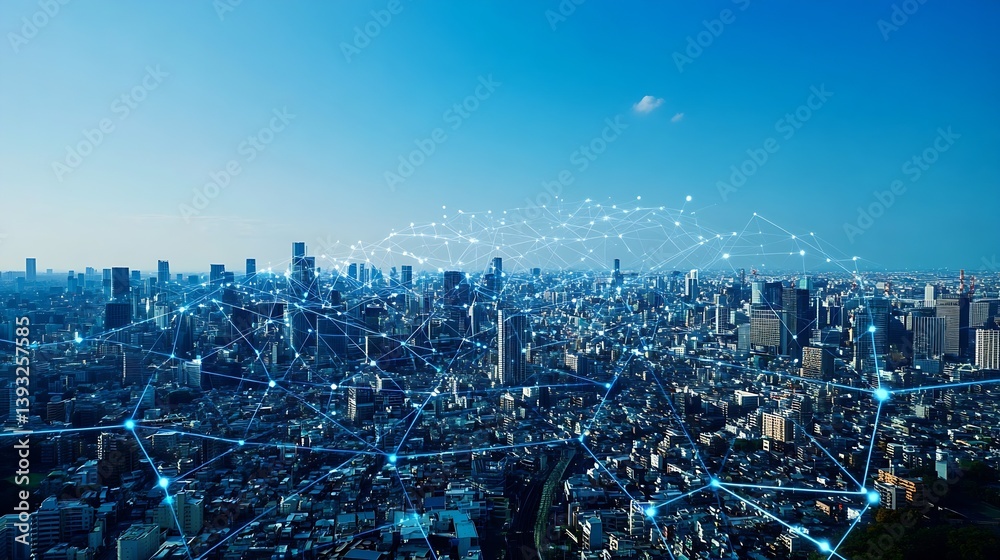 Poster dynamic urban landscape featuring networked buildings and digital connectivity : generative ai