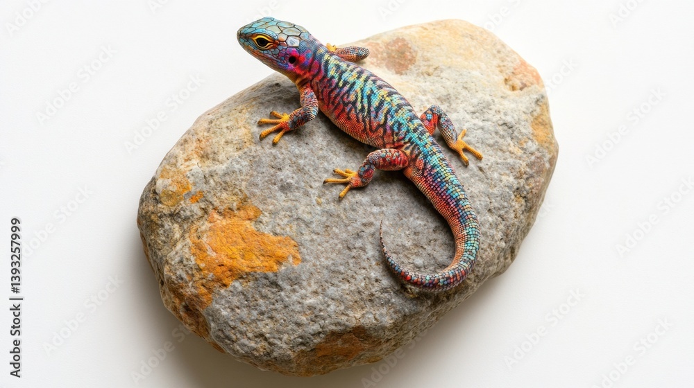 Poster colorful lizard resting on textured rock with white background and shadow showcasing vibrant pattern