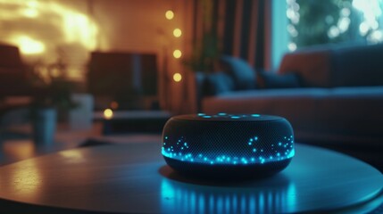 Smart home living room ambiance with voice assistant technology in evening lighting