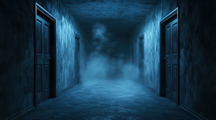 Fototapeta premium Eerie hallway with mysterious fog and shadowy doors, creating a suspenseful and chilling atmosphere.