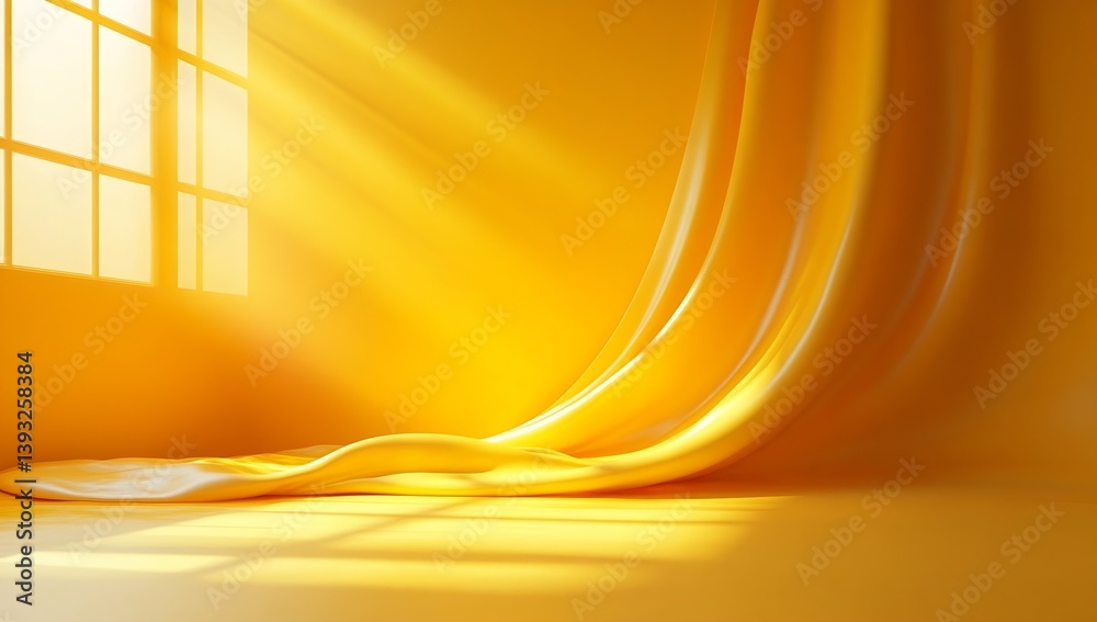 Poster abstract yellow room with window light and silk drape still life interior mockup background for prod