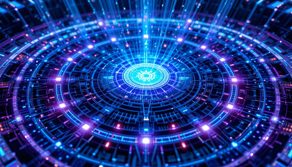 Obraz premium Colorful concentric circles filled with intricate designs radiate luminous beams in a digital display. This captivating visual represents technological innovation and creativity