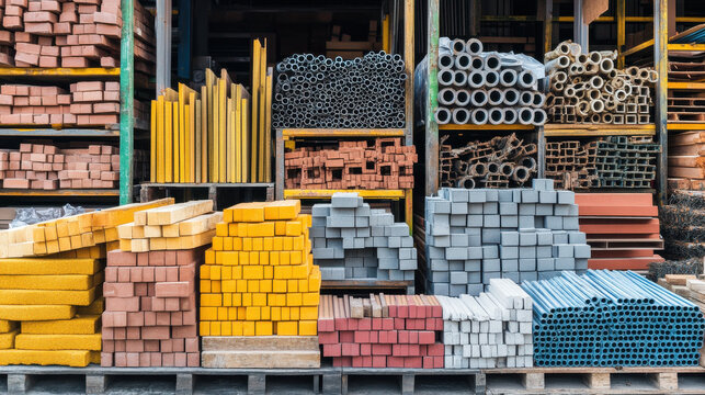 Different types of construction materials are organized in a warehouse in bright colors. Pipes, bricks, and boards display an array of shades and shapes, showcasing inventory
